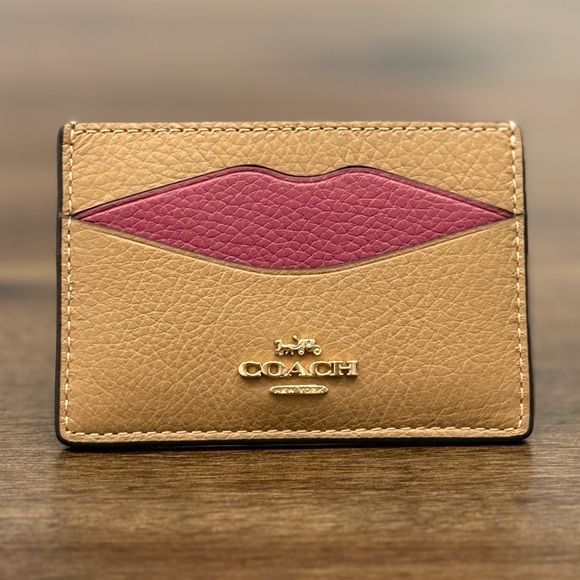Coach Tan and Pink Lips Leather Card Wallet - Picture 1 of 7